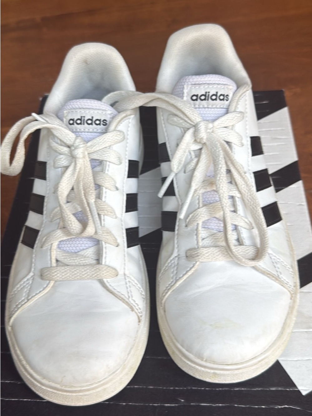 Kids Adidas Grand Court White Sneakers with Black Stripes